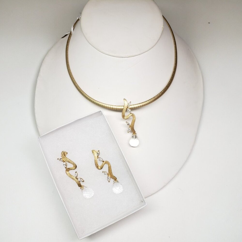 Gold Tone Necklace & Earrings Set with Cubic Zirconia & Clear Faceted Teardrop